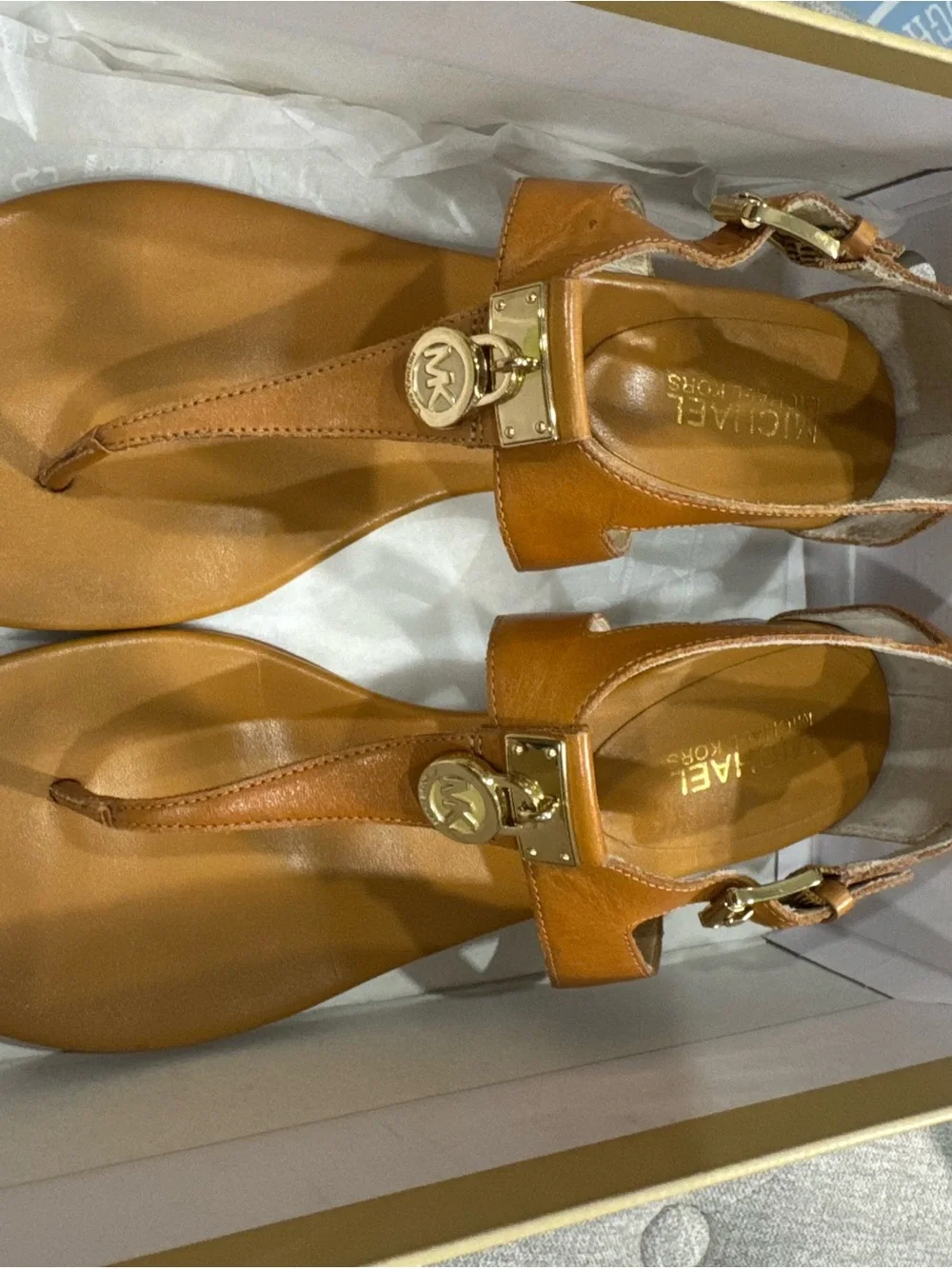 MICHAEL Michael Kors Tan Leather T-Strap Sandals with Gold MK Medallions